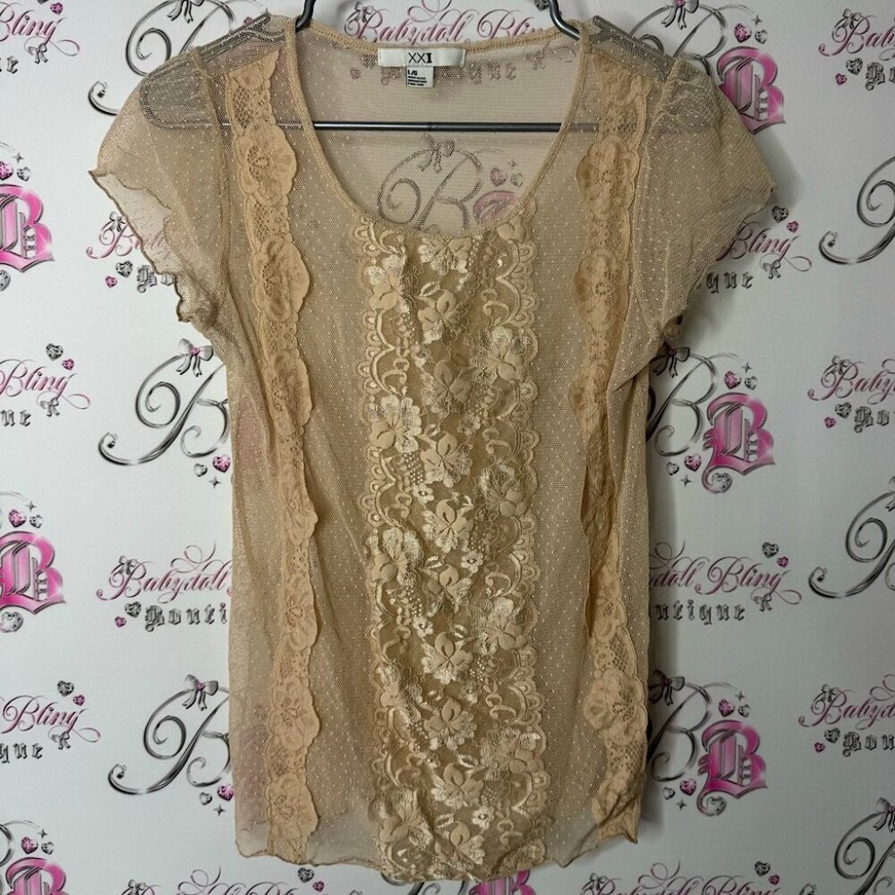 Forever 21 tshirt mesh lace Lacie floral flower Tan Ruffled Embellished Blouse